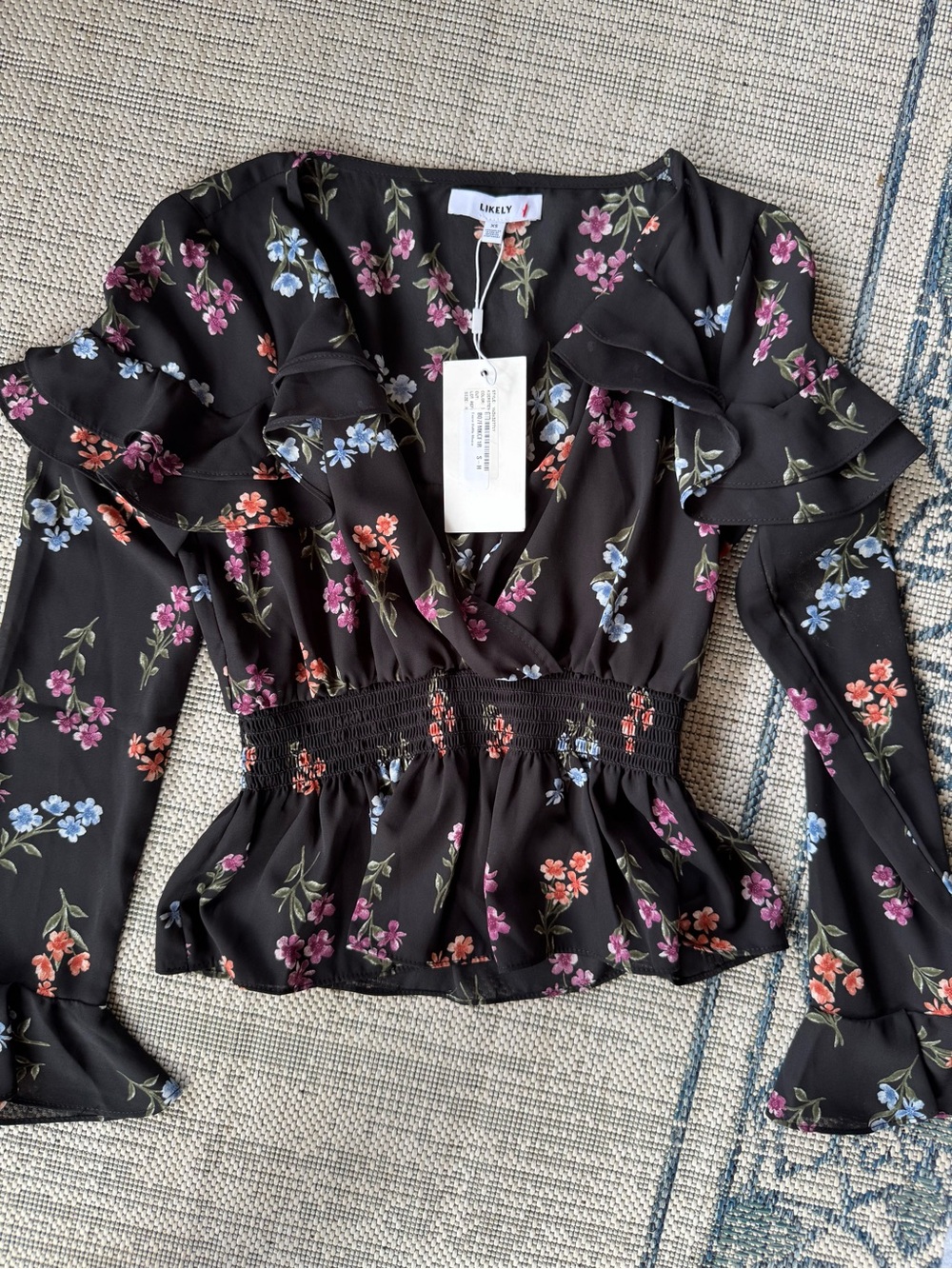 LIKELY Black Floral Ruffle V-Neck Peplum Blouse new